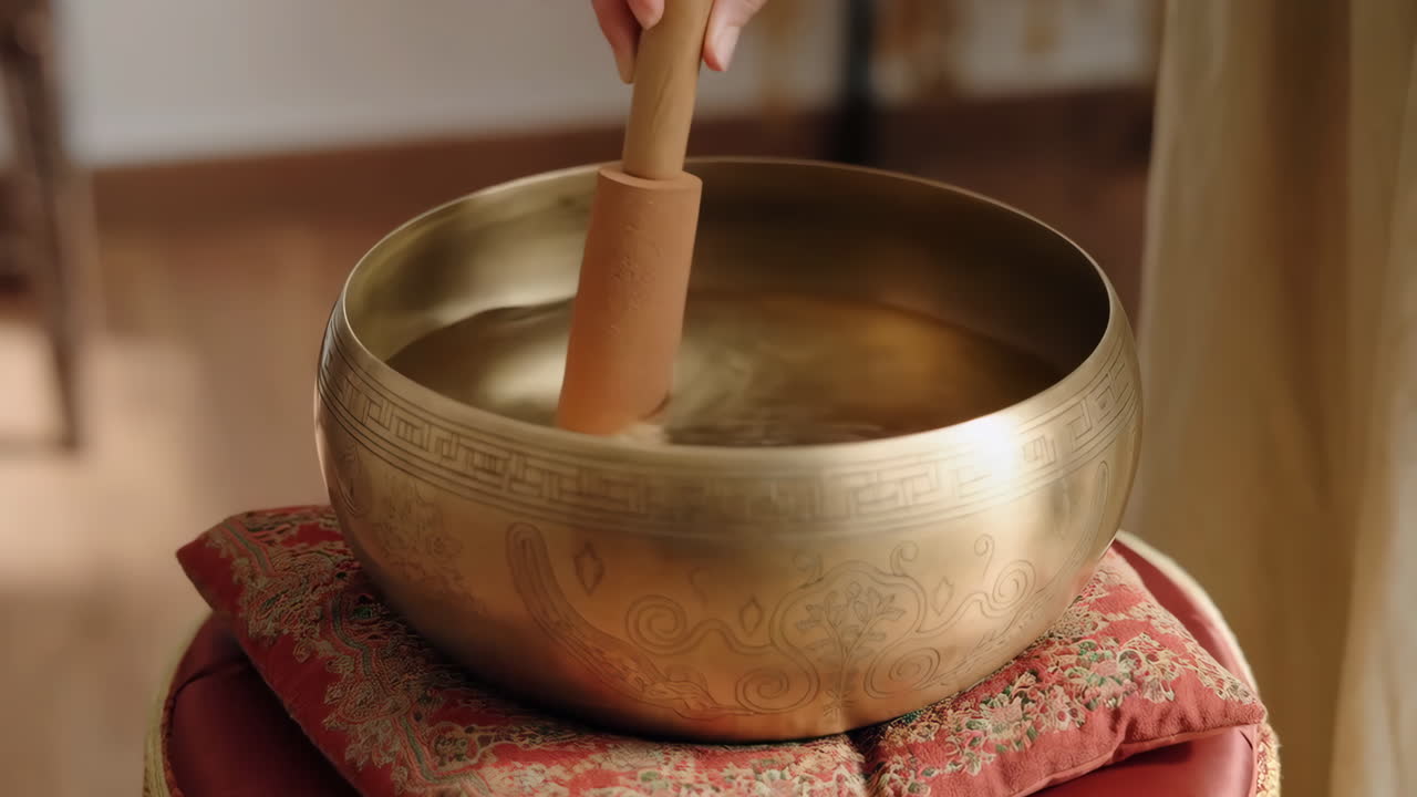 A hand plays a singing bowl with a mallet, showcasing sound healing or meditation practice