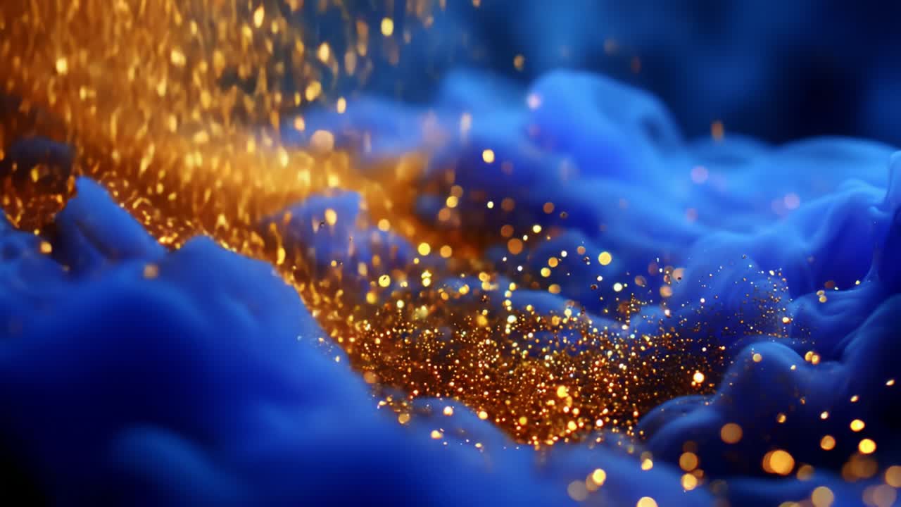 Eine faszinierende Darstellung ätherischer blauer Wellen, die mit schimmernden goldenen Partikeln durchsetzt sind und ein fesselndes visuelles Erlebnis schaffen, das ein Gefühl von Staunen und Ruhe in seiner faszinierenden Schönheit hervorruft.