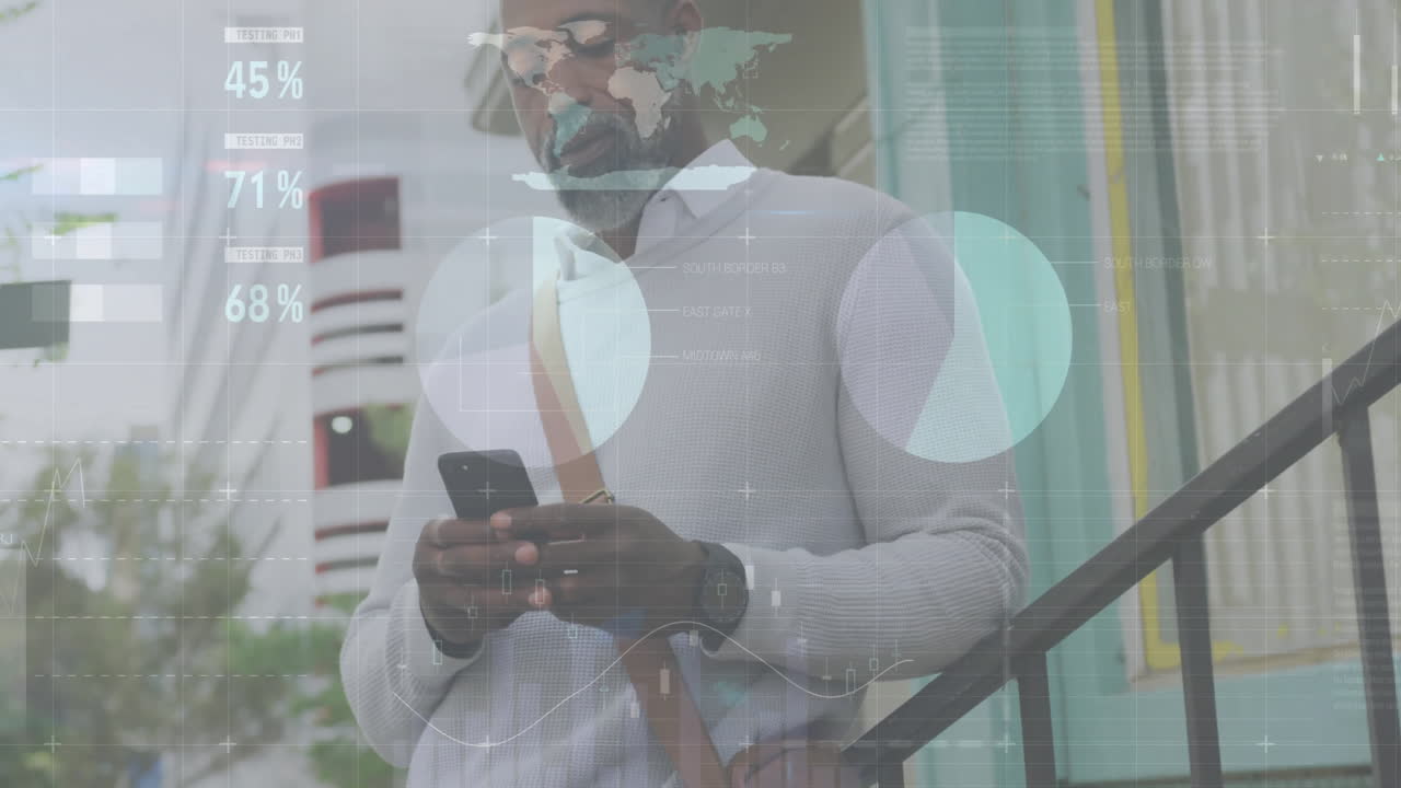 Animation of diagrams and data processing over african american man using smartphone in city