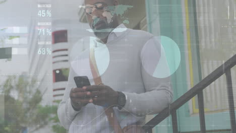 Animation-of-diagrams-and-data-processing-over-african-american-man-using-smartphone-in-city