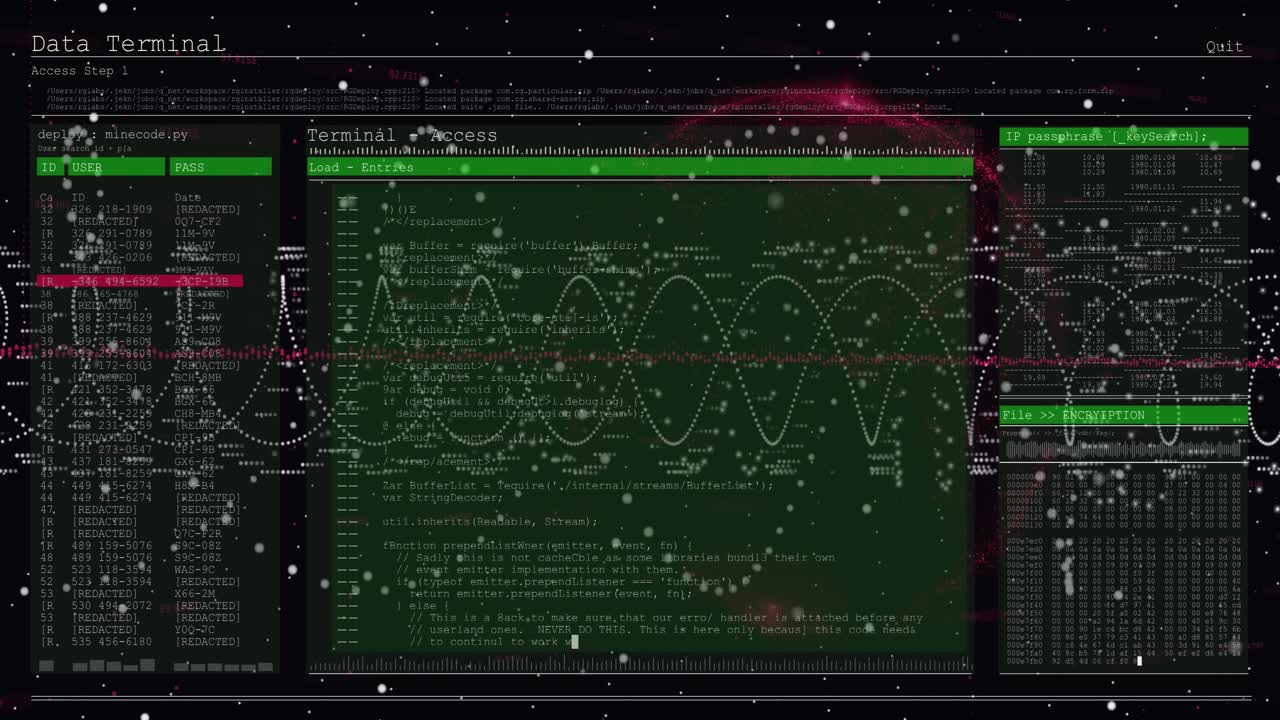 Animation of digital interface screen with programming language and spiral patterns moving in loop