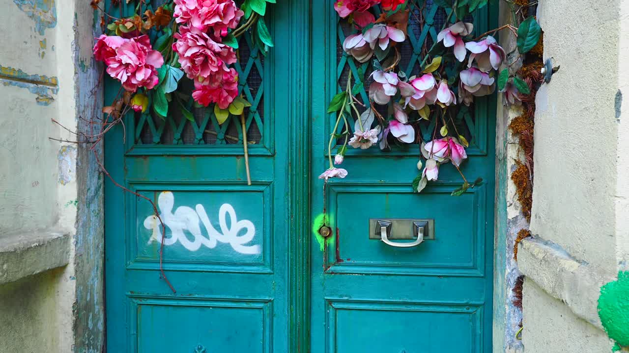 puerta verde vintage con flores y graffiti