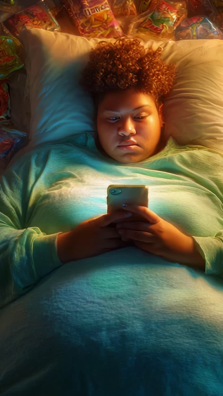 A Young Person Engrossed in Their Phone While Surrounded by Snacks in an Intimate Bedroom Setting, Capturing the Essence of Modern Leisure and Digital Engagement