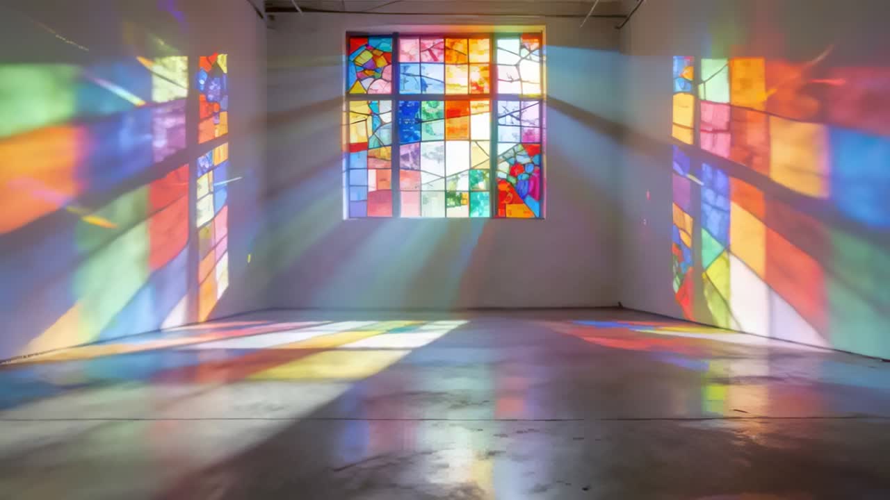 Sonnenlicht fällt durch ein Mosaikfenster und wirft Farbstrahlen auf den Galerieboden, eine beeindruckende Farbenpracht.