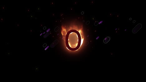 animation of orange flaming number 0, with purple fireworks, on black background