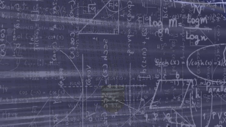 Animation of mathematical equations and data processing against blue background