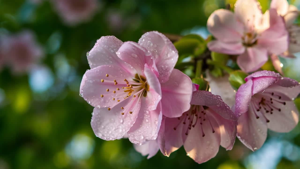 Close-up of Pink Blossoms with Water Droplets