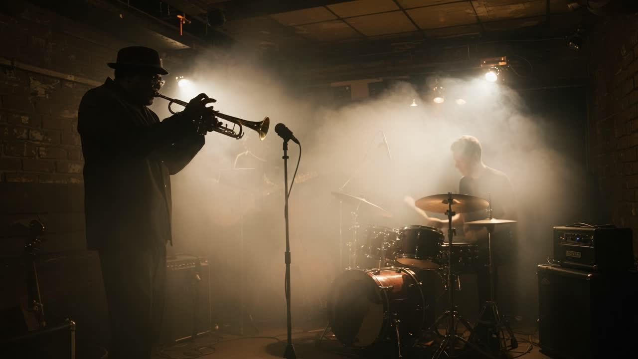 Un'esibizione jazz emozionante in un locale poco illuminato, che cattura le vibrazioni energiche dei musicisti mentre creano armonie melodiche tra tromba, chitarra e batteria.