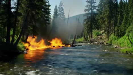 a dramatic encounter between nature's beauty and destruction: a river surrounded by intense wildfire, showcasing the striking contrast between water and flames