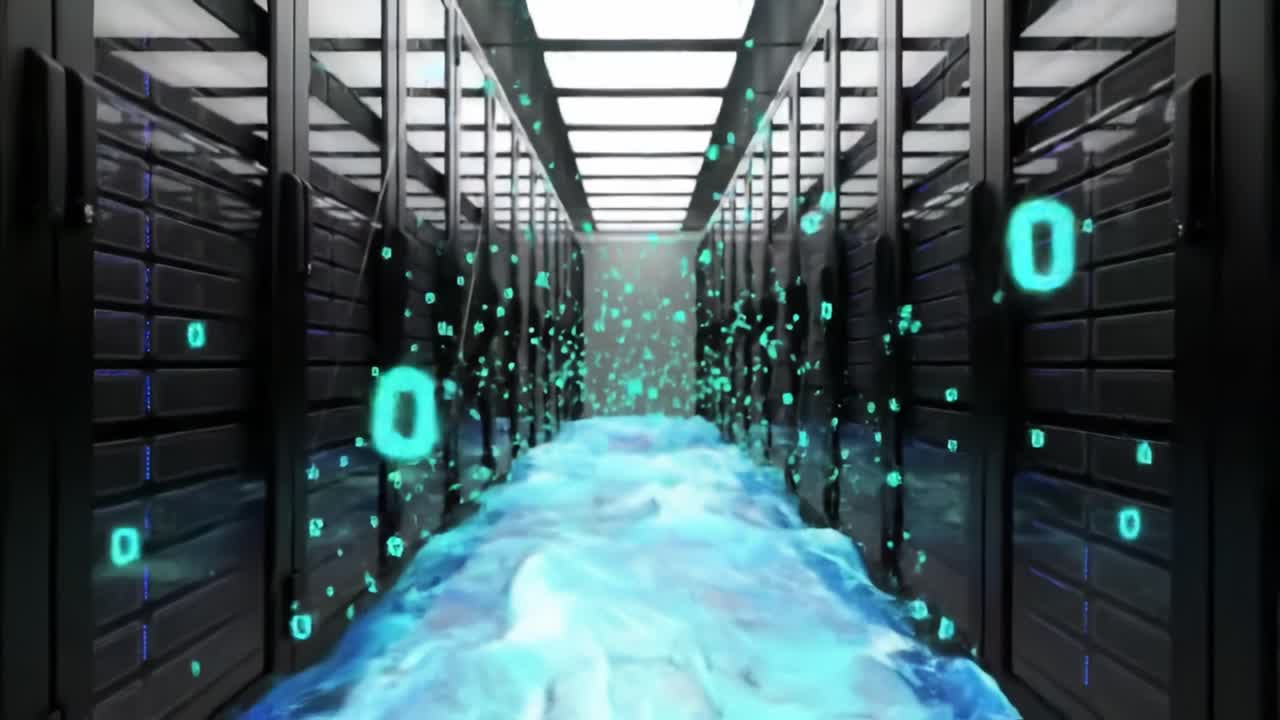 In a dynamic data center, flowing blue water animation symbolizes the movement of digital data through servers. The environment is designed for advanced technology and efficient processing.