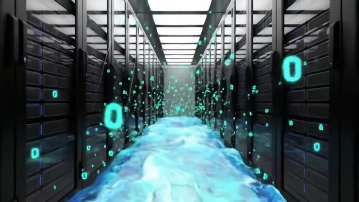 In a dynamic data center, flowing blue water animation symbolizes the movement of digital data through servers. The environment is designed for advanced technology and efficient processing.