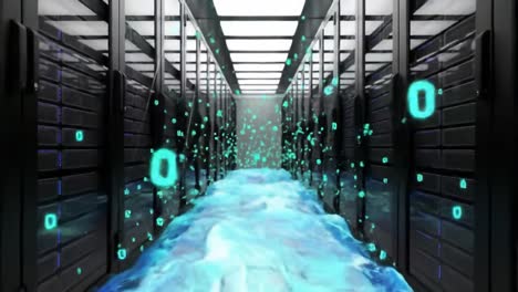 in a dynamic data center, flowing blue water animation symbolizes the movement of digital data through servers. the environment is designed for advanced technology and efficient processing.