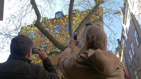 young people with cells making photos of a house