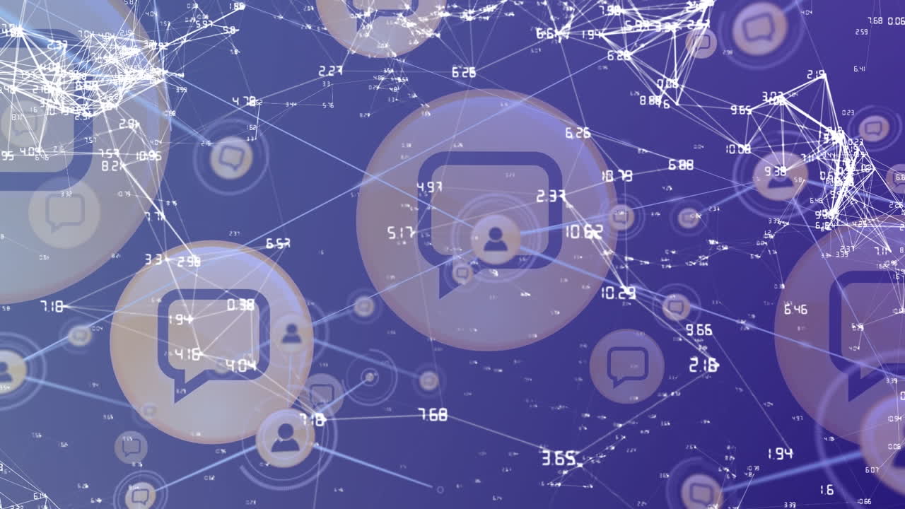 파란색 배경에 아이콘과 모양을 가진 연결 네트워크의 애니메이션