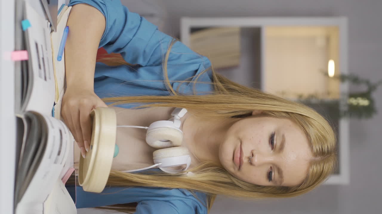 vídeo vertical de una estudiante que ahorra dinero.