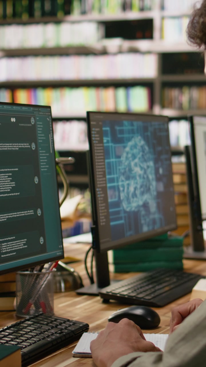 Video verticale: studente che usa l'intelligenza artificiale su desktop e studia in una lezione di informatica in biblioteca