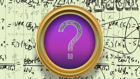 Question-mark-symbol-over-purple-round-banner-against-mathematical-equations-on-yellow-background