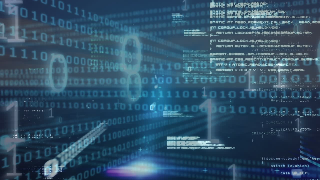 Animation of financial data processing and binary coding over black background