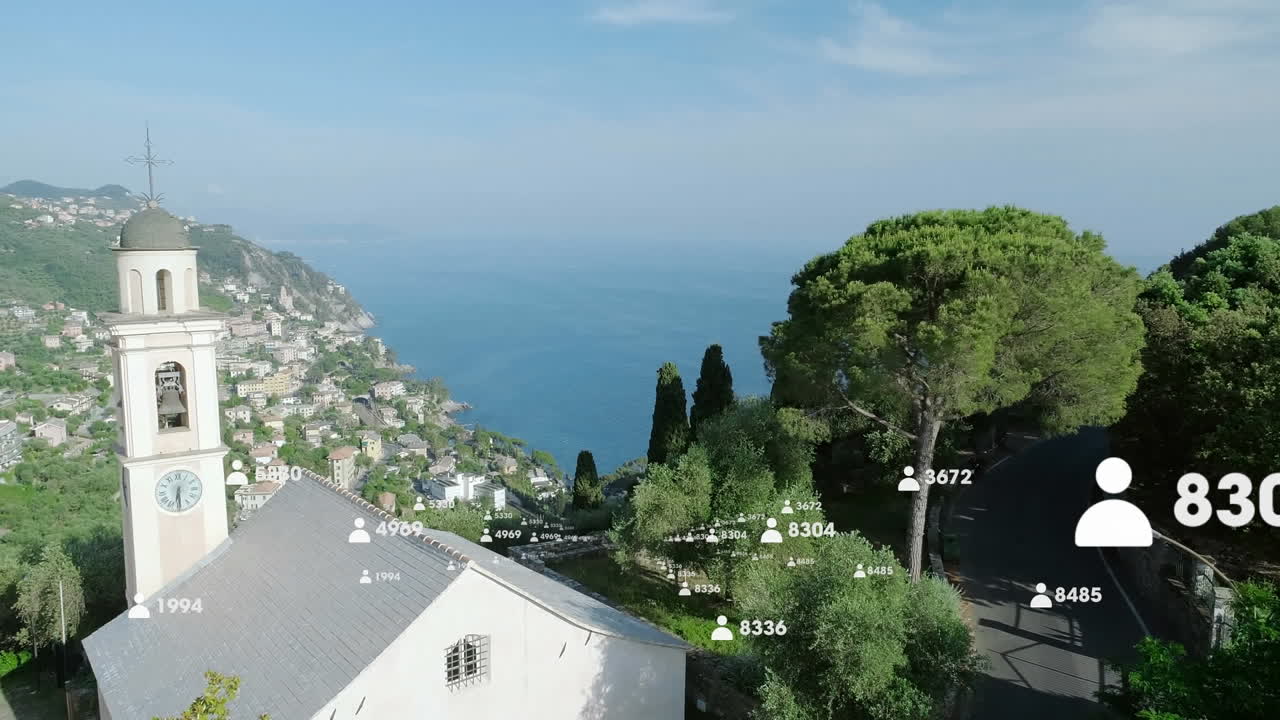 도시 풍경의 공중 전망에 비해 점점 더 많은 수를 가진 프로필 아이콘의 디지털 구성