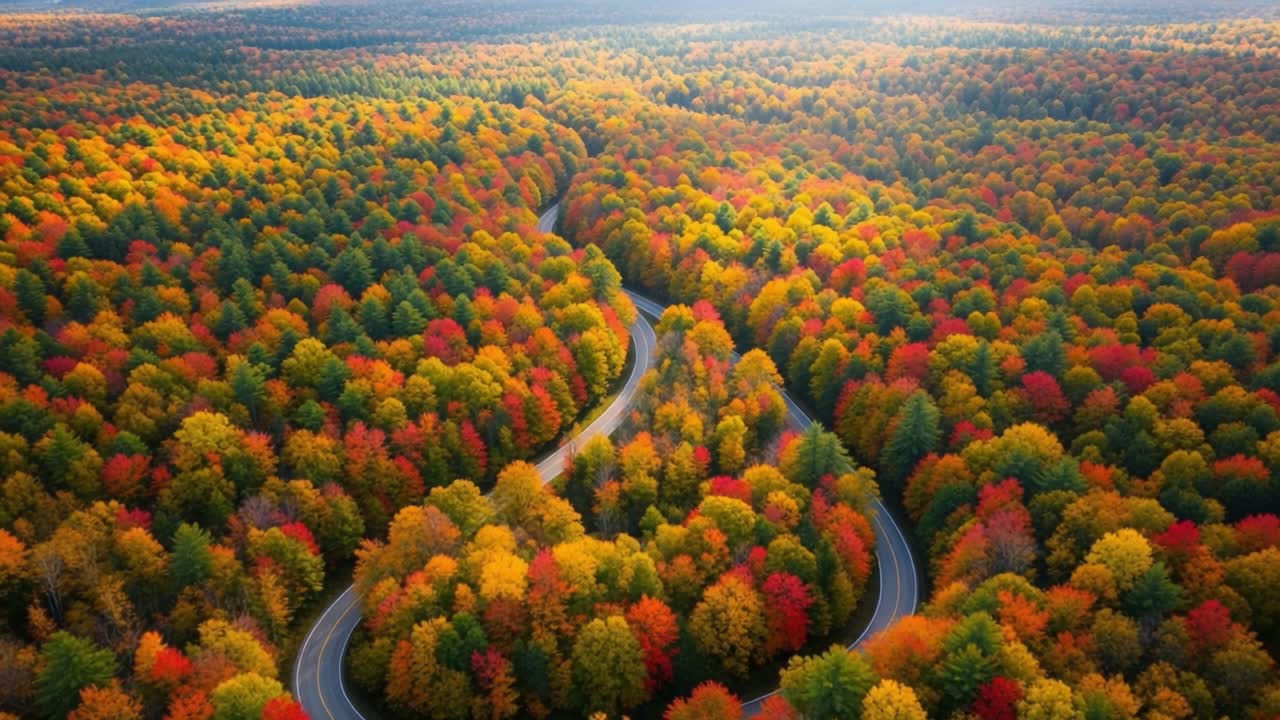 Aerial View of Vibrant Autumn Landscape with Winding Road Through Colorful Forest Canopy Transitioning from Summer to Fall in Majestic Nature's Palette