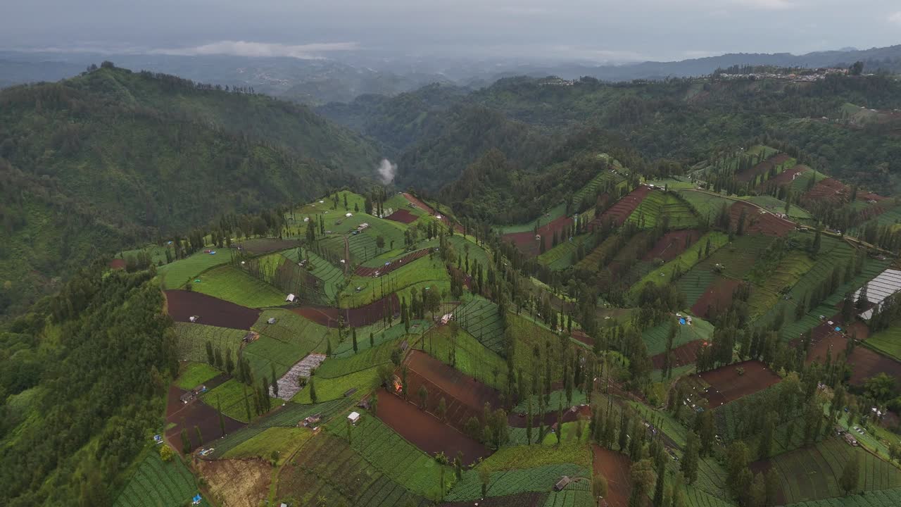 Aerial drone view of rural hills mountains countryside in east java indonesia