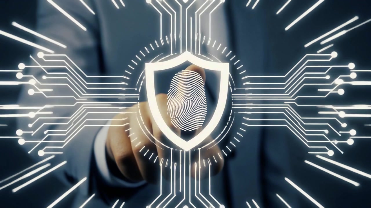 Businessman Interacting with Digital Fingerprint Security Interface