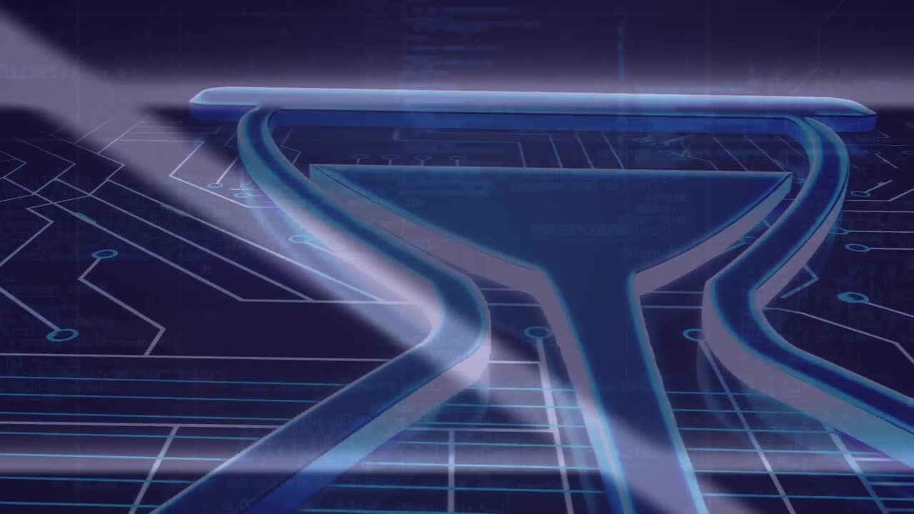 Animation of hourglass icon over circuit board texture and programming language