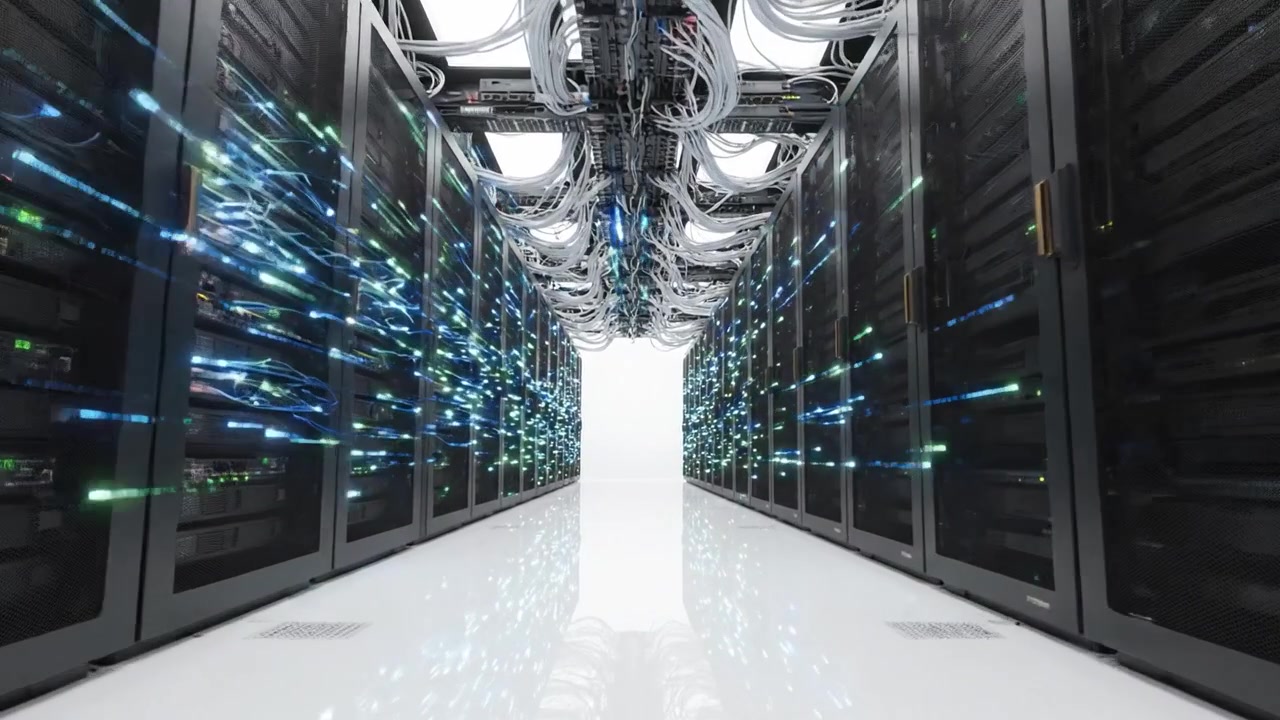 A futuristic data center showcasing rows of high-performance servers with intricate wiring, illuminated LEDs, and a sleek, modern design emphasizing technology and connectivity.