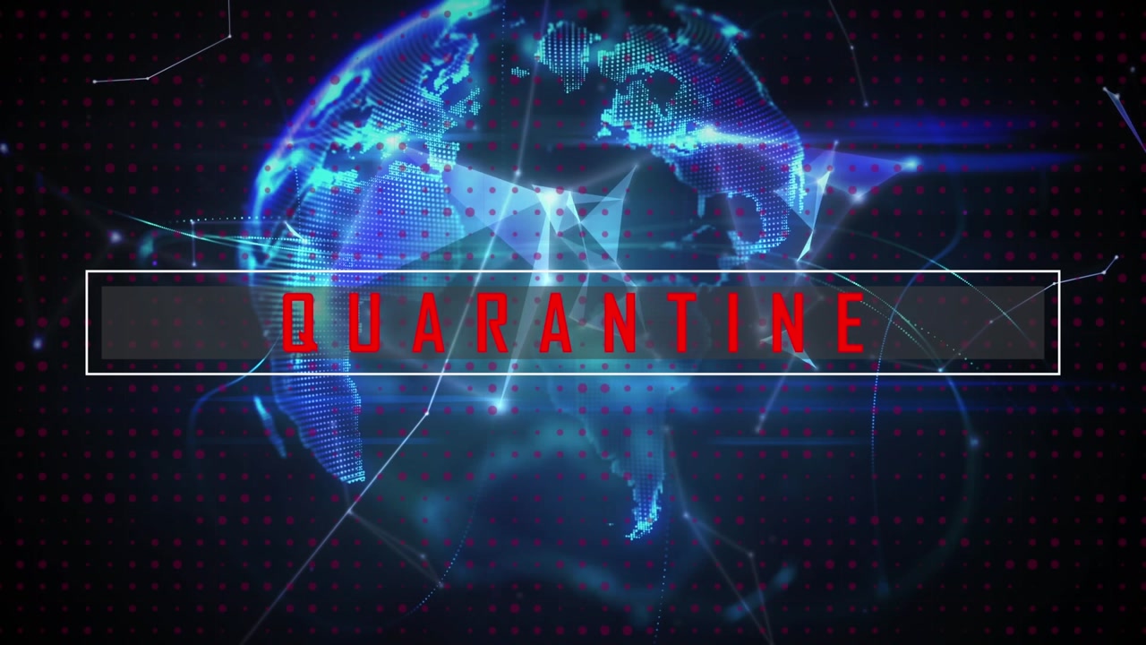 Animation of covid 19 quarantine text over globe, networks of connections and data processing