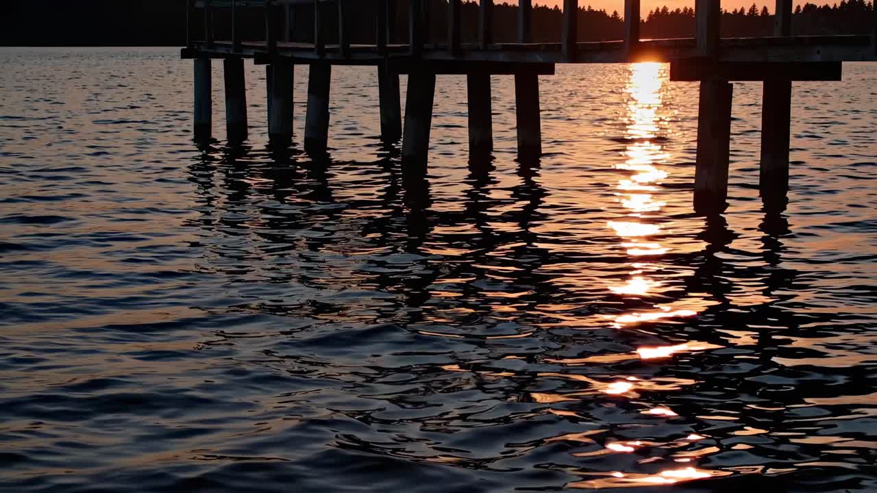 A serene sunset video captures a low-angle view of a wooden pier over rippling water, with the sun