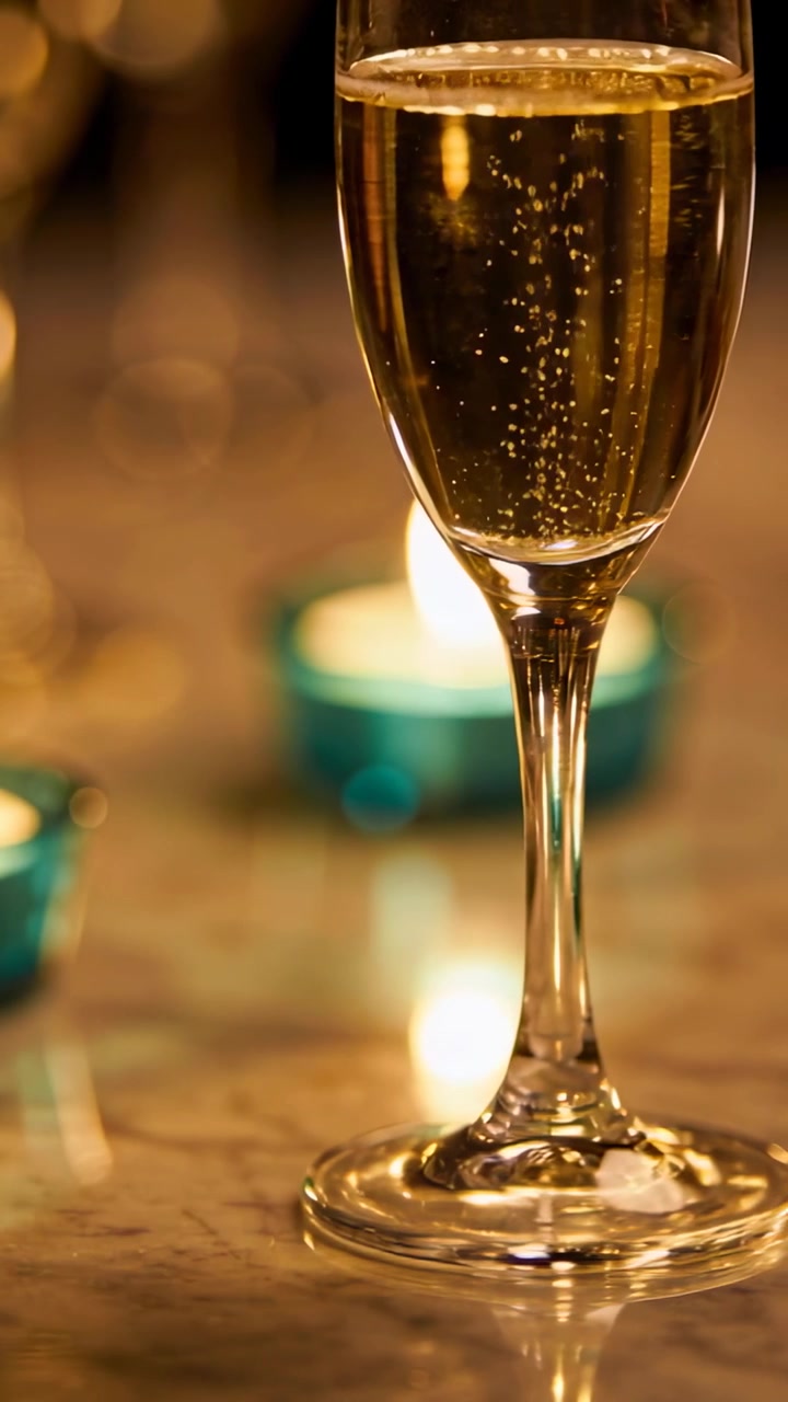 Video verticale: Flûte di vino che fa bollicine, emettendo bollicine costanti dalla base su un piano in pietra, con una candela tealight.