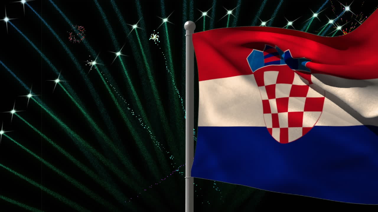 검은 바탕에 불꽃놀이 위에 크로아티아의  ⁇ 발의 애니메이션