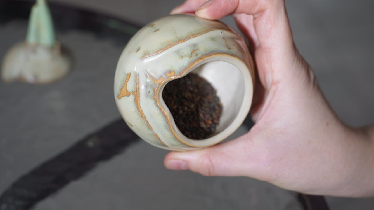 Pot bursting with tiny seeds held by fair hand above glass table capturing close view of rustic pottery vessel filled with mixed seed blend for indoor germination ritual nurturing growth
