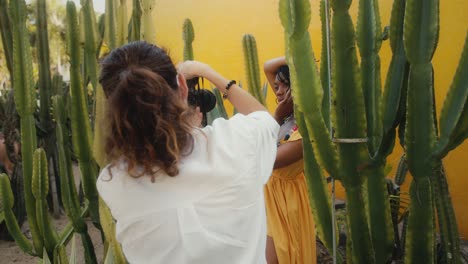 photographer capturing moments amidst cacti and a vibrant yellow wall