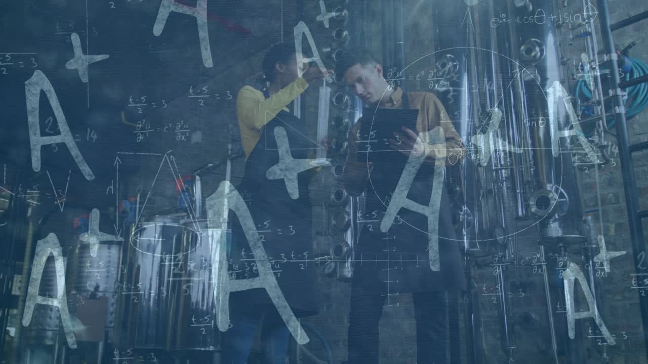 Animation of mathematical equations over diverse business people in office