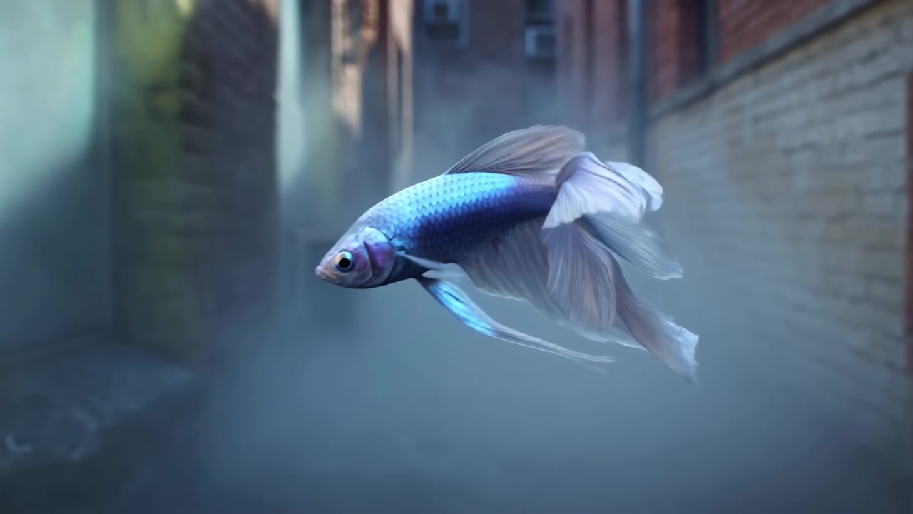 Pesce colorato si muove in un ambiente acquatico incorniciato, con pinne delicate che ondeggiano e il corpo che si gira in movimento, acqua velata, toni tenui e una composizione centrata che evidenzia il movimento naturale.
