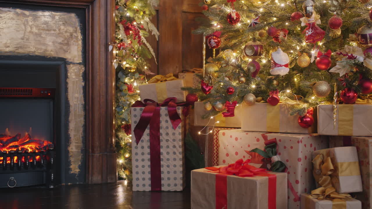 Christmas Decor with Presents by the Fireplace
