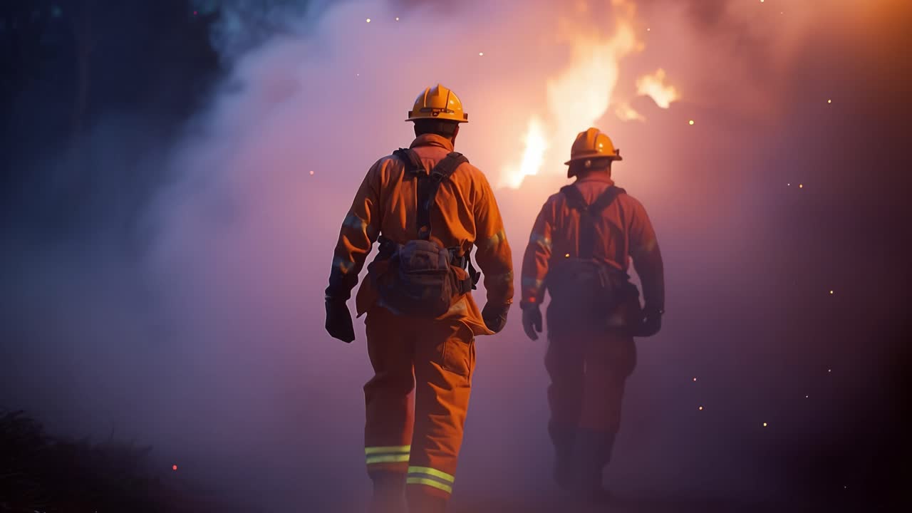 Brave Firefighters Navigating Through Smoke and Flames in a Fiery Landscape, Showcasing Courage and Resilience in the Face of Nature's Fury