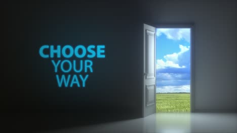 choose your way. doors opening to reveal beautiful sky and green field in dark grey room. choice, business and success concept. 3d animation, 4k