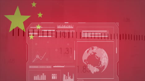 animation of financial data and graphs on screens over flag of china