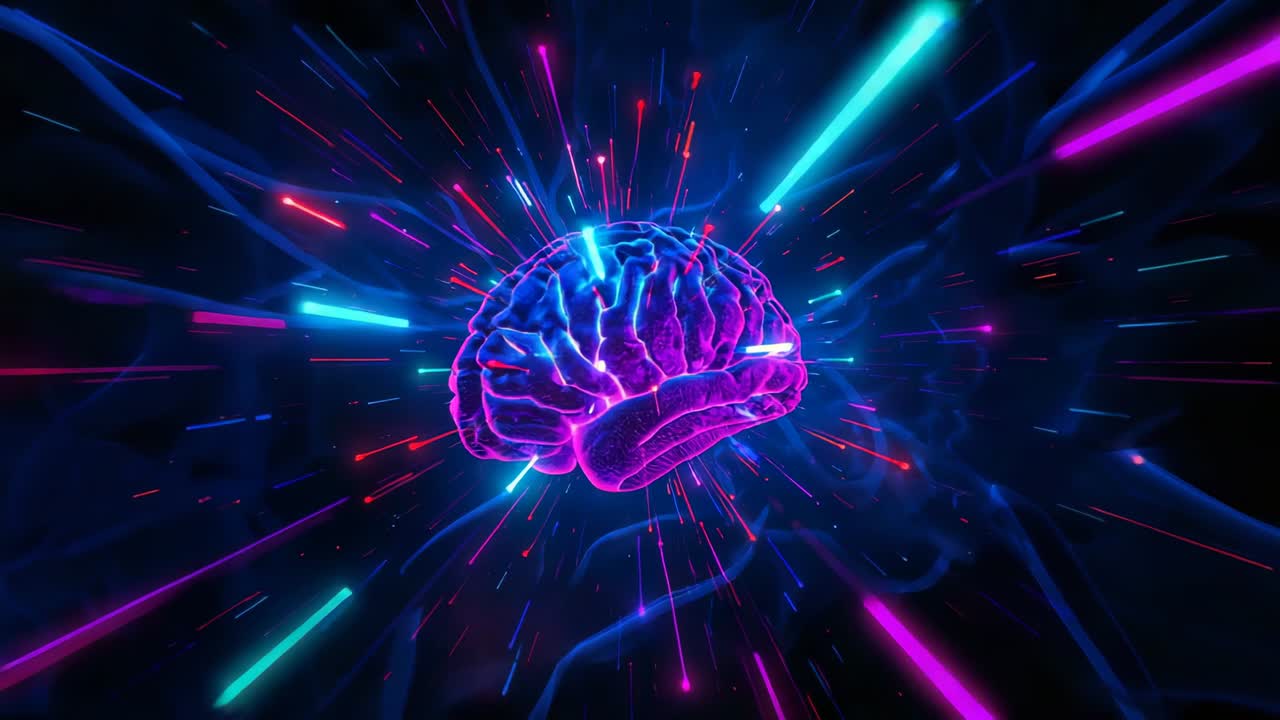 Reacting to light streaks, neon brain rotating slowly in void, emitting beams showing data burst