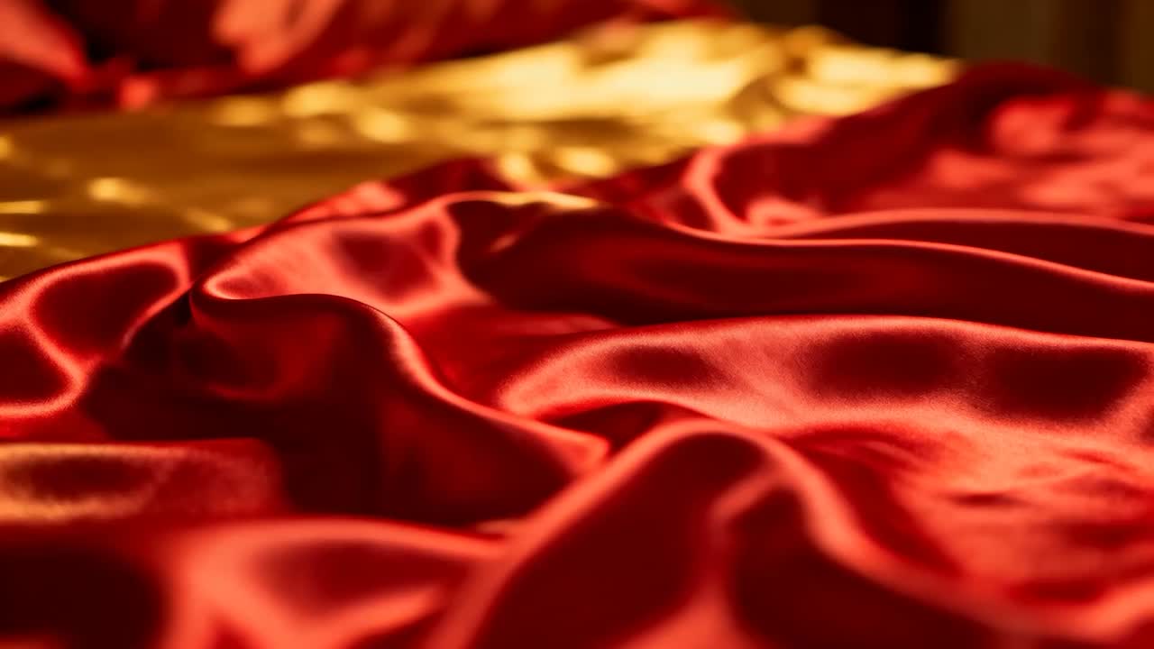 Lenzuolo di raso rosso intenso e luccicante che si muove sul letto, raso dorato che brilla sotto una luce calda