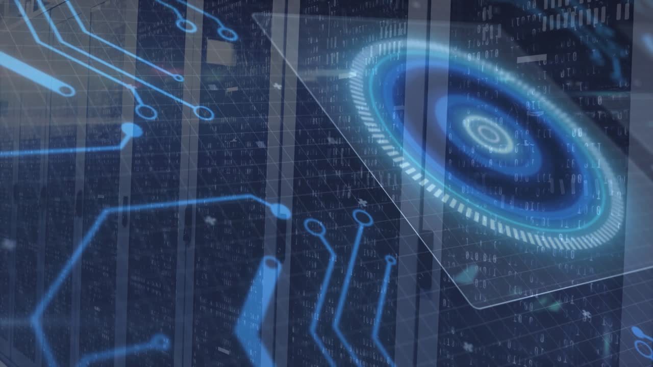 Holographic dial appearing from ring, rotating, pulsing while circuits connecting showing data flow