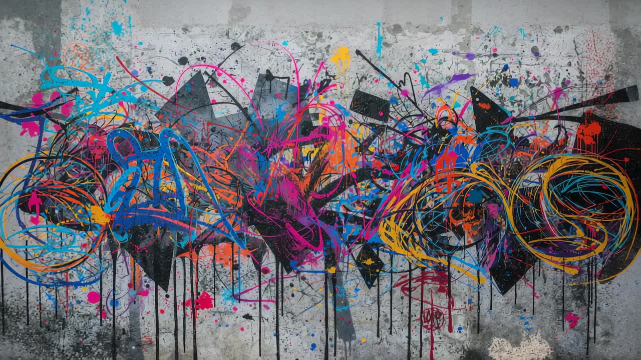 Moving camera revealing graffiti mural with drips between pillars on concrete wall to show artwork