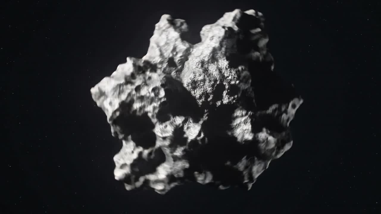 Roccia irregolare che ruota esponendo una superficie butterata sotto la luce mentre la telecamera si sposta nello spazio, mostrando detriti.