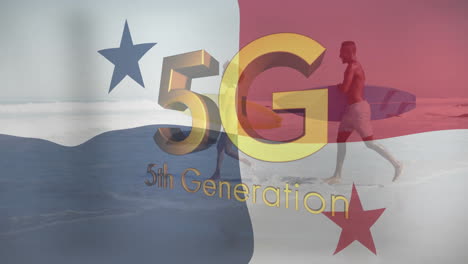 running on beach, man with panama flag and 5g animation in background
