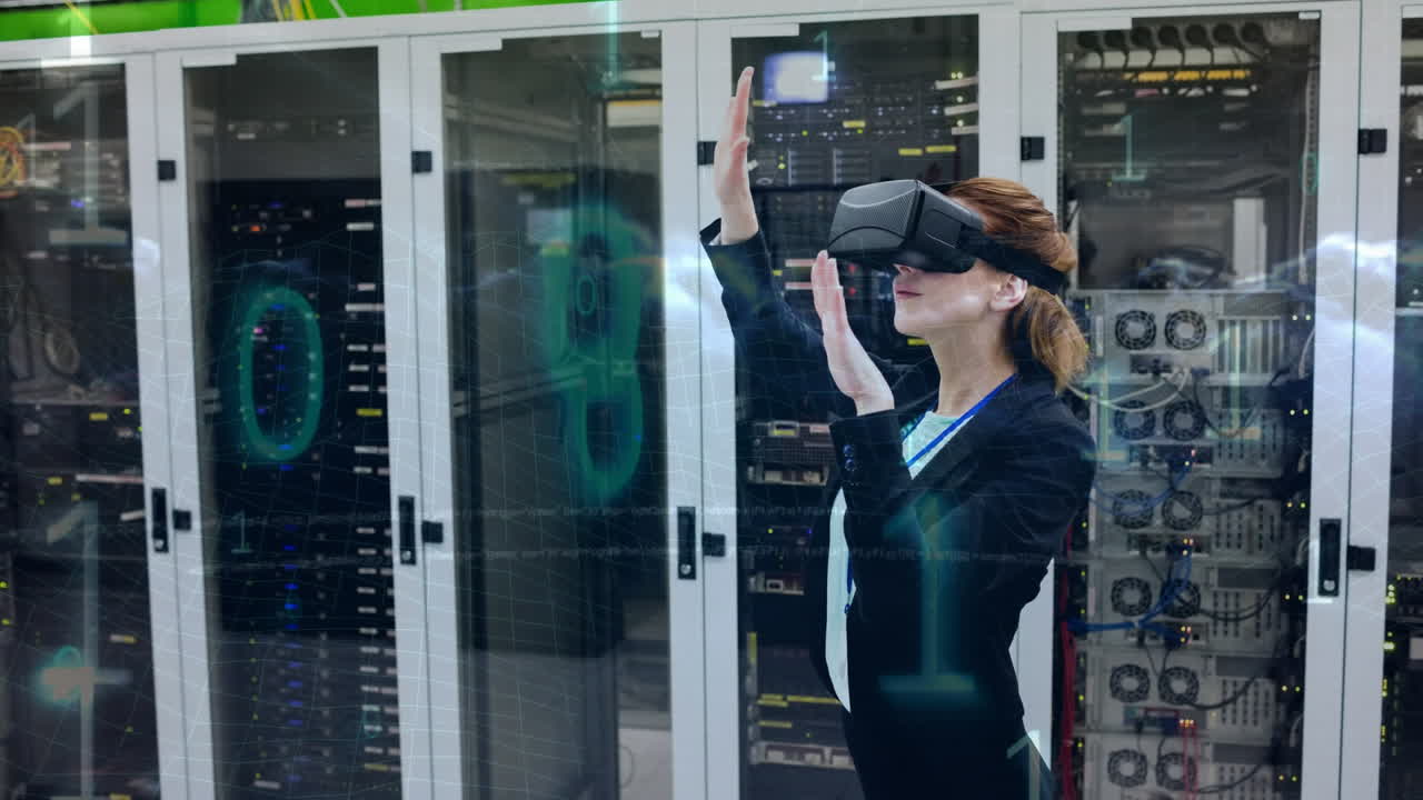 Wearing VR headset, woman interacting with virtual data over server room