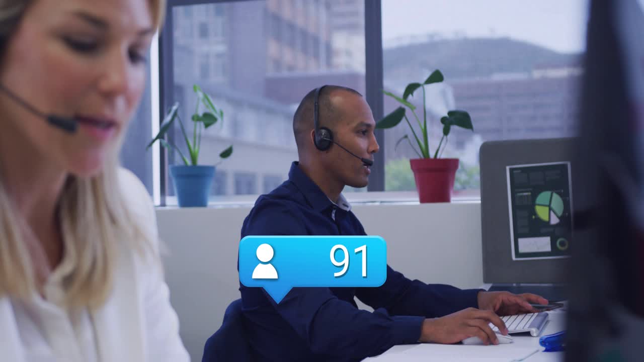 Agent sitting desk typing and speaking in call center, animated bubble above chest counting users