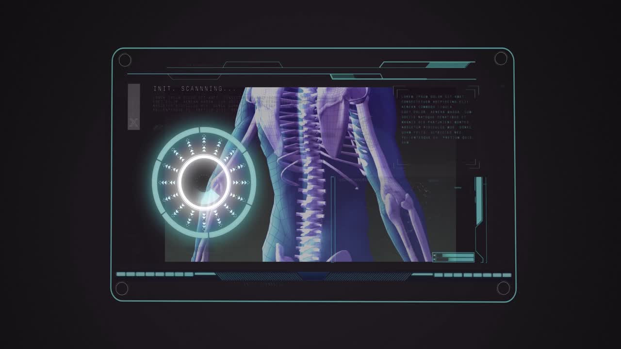 animación de escaneo de alcance y cuerpo humano girando en la pantalla