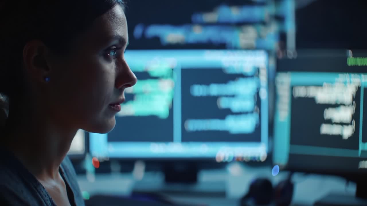 Focused Programmer Analyzing Complex Code Structures on Multiple Monitors in a Dimly Lit Environment, Showcasing the Art of Software Development and Debugging